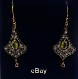 Art Nouveau Style Peridot, Amethyst and Diamond Long Drop Earrings Silver & 9ct