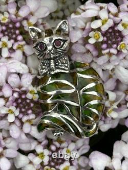 Art Nouveau Style Silver 925 Stamped Cat Brooch With Ruby Eyes