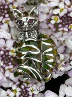 Art Nouveau Style Silver 925 Stamped Cat Brooch With Ruby Eyes