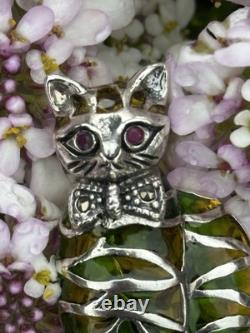 Art Nouveau Style Silver 925 Stamped Cat Brooch With Ruby Eyes