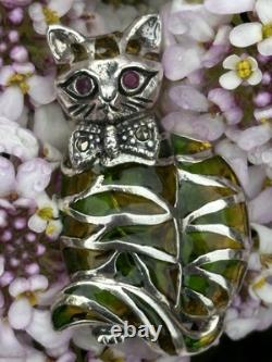Art Nouveau Style Silver 925 Stamped Cat Brooch With Ruby Eyes