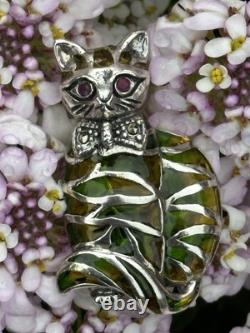 Art Nouveau Style Silver 925 Stamped Cat Brooch With Ruby Eyes