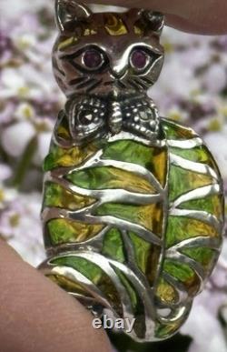 Art Nouveau Style Silver 925 Stamped Cat Brooch With Ruby Eyes