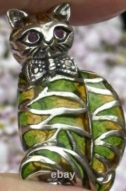 Art Nouveau Style Silver 925 Stamped Cat Brooch With Ruby Eyes