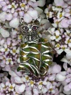 Art Nouveau Style Silver 925 Stamped Cat Brooch With Ruby Eyes