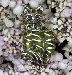 Art Nouveau Style Silver 925 Stamped Cat Brooch With Ruby Eyes