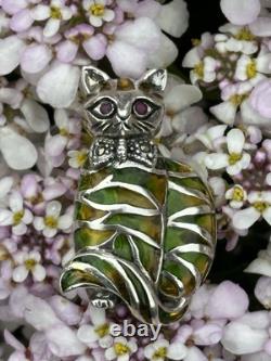 Art Nouveau Style Silver 925 Stamped Cat Brooch With Ruby Eyes