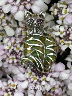 Art Nouveau Style Silver 925 Stamped Cat Brooch With Ruby Eyes