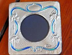 Art Nouveau Style Silver Frame Blue Green Enamel Flowers & Ribbons