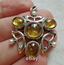 Art Nouveau Style Sterling Silver Yellow Green Tourmaline And Pearl Pendant