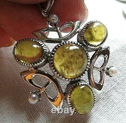 Art Nouveau Style Sterling Silver Yellow Green Tourmaline And Pearl Pendant