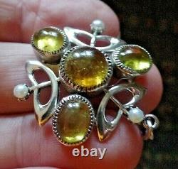 Art Nouveau Style Sterling Silver Yellow Green Tourmaline And Pearl Pendant