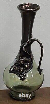 Art Nouveau Style Vase Silver Overlay Green Glass Flowers King Solomon Finds