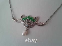 Art Nouveau Swan Necklace With Green Enamel Opal And Pearl Silver Jewelry New
