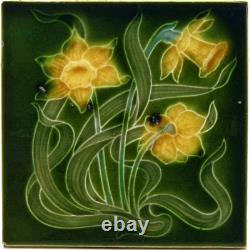 Art Nouveau Tile Green Daffodils Henry Richards Tile Company C1907 AE3
