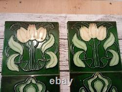 Art Nouveau Tube Lined Fireplace 12 Piece Tile Set Tulips Dark Green 6 x 6 Tiles