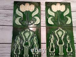 Art Nouveau Tube Lined Fireplace 12 Piece Tile Set Tulips Dark Green 6 x 6 Tiles