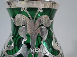 Art Nouveau Vase Antique American Emerald Green Glass & Silver Overlay
