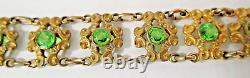 Art Nouveau Victoriian Yellow Gold Filled Green Glass Stones Bracelet 6.5 In