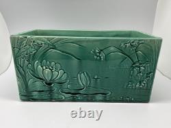 Art Nouveau Vintage Green Lotus Scene Pottery Jardiniere Pot Planter