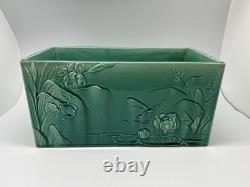 Art Nouveau Vintage Green Lotus Scene Pottery Jardiniere Pot Planter