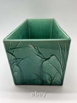Art Nouveau Vintage Green Lotus Scene Pottery Jardiniere Pot Planter