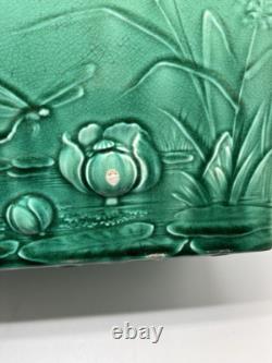 Art Nouveau Vintage Green Lotus Scene Pottery Jardiniere Pot Planter