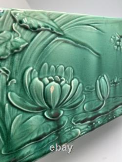 Art Nouveau Vintage Green Lotus Scene Pottery Jardiniere Pot Planter