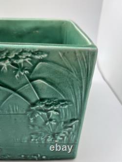Art Nouveau Vintage Green Lotus Scene Pottery Jardiniere Pot Planter