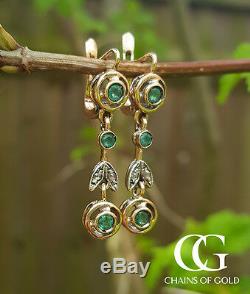 Art Nouveau Vintage Style 9ct Rose Gold Emerald & Diamond Drop Earrings