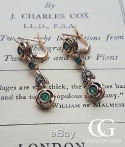 Art Nouveau Vintage Style 9ct Rose Gold Emerald & Diamond Drop Earrings