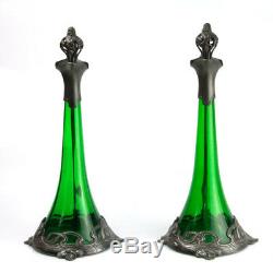 Art Nouveau WMF Ak & Cie Pair Of Pewter & Green Glass Decanters Circa 1900