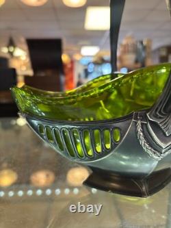 Art Nouveau WMF Silver Plated Basket Centre Piece With Green Glass Liner