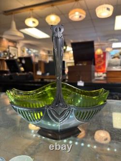 Art Nouveau WMF Silver Plated Basket Centre Piece With Green Glass Liner