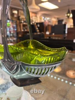 Art Nouveau WMF Silver Plated Basket Centre Piece With Green Glass Liner