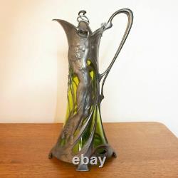 Art Nouveau WMF Tapered Green Glass Silver Plated Mounted Claret Jug