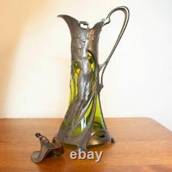 Art Nouveau WMF Tapered Green Glass Silver Plated Mounted Claret Jug