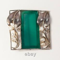 Art Nouveau Wiener Werkstatte Josef Hoffman Jugendstil Silver Jade Pearl Brooch