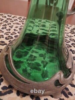 Art Nouveau Wmf Wurttenberg Metal Factory 1884-1914 Pewter Glass Decanter Ribbed