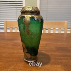 Art Nouveau c1900 Mont Joye Emerald Green Cameo Glass Vase St Denis Paris Legras
