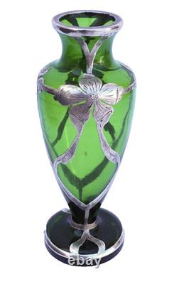 Art Nouveau c. 1900 Silver Overlay Emerald Green Glass Vase Floral Design