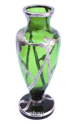 Art Nouveau c. 1900 Silver Overlay Emerald Green Glass Vase Floral Design