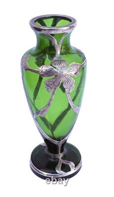 Art Nouveau c. 1900 Silver Overlay Emerald Green Glass Vase Floral Design