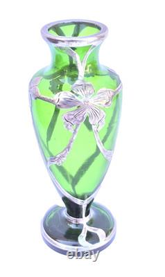 Art Nouveau c. 1900 Silver Overlay Emerald Green Glass Vase Floral Design