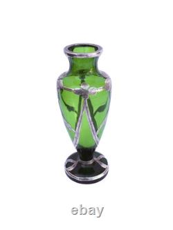 Art Nouveau c. 1900 Silver Overlay Emerald Green Glass Vase Floral Design