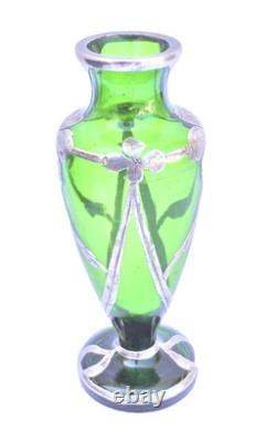 Art Nouveau c. 1900 Silver Overlay Emerald Green Glass Vase Floral Design