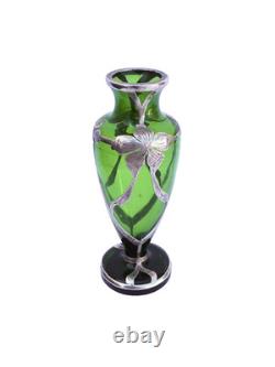 Art Nouveau c. 1900 Silver Overlay Emerald Green Glass Vase Floral Design