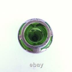 Art Nouveau c. 1900 Silver Overlay Emerald Green Glass Vase Floral Design