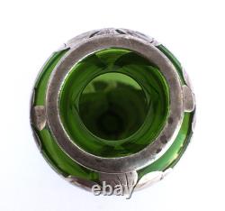 Art Nouveau c. 1900 Silver Overlay Emerald Green Glass Vase Floral Design