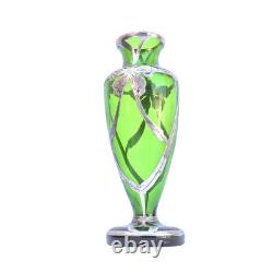 Art Nouveau c. 1900 Silver Overlay Emerald Green Glass Vase Floral Design